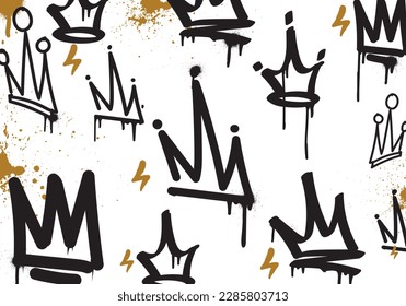 Seamless graffiti art illustration pattern. Graffiti background with throw-up and tagging hand-drawn style. Street art graffiti urban theme for prints, banners, and textiles in vector format.
