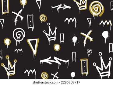 Seamless graffiti art illustration pattern. Graffiti background with throw-up and tagging hand-drawn style. Street art graffiti urban theme for prints, banners, and textiles in vector format.
