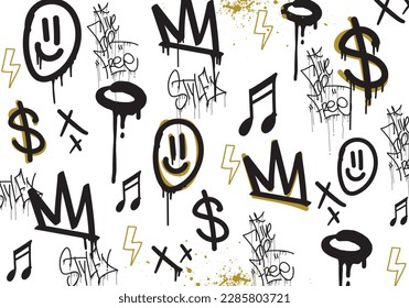 Seamless graffiti art illustration pattern. Graffiti background with throw-up and tagging hand-drawn style. Street art graffiti urban theme for prints, banners, and textiles in vector format.
