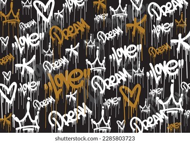 Seamless graffiti art illustration pattern. Graffiti background with throw-up and tagging hand-drawn style. Street art graffiti urban theme for prints, banners, and textiles in vector format.
