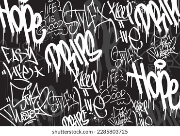 Seamless graffiti art illustration pattern. Graffiti background with throw-up and tagging hand-drawn style. Street art graffiti urban theme for prints, banners, and textiles in vector format.
