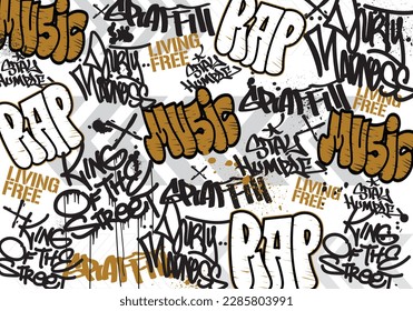 Seamless graffiti art illustration pattern. Graffiti background with throw-up and tagging hand-drawn style. Street art graffiti urban theme for prints, banners, and textiles in vector format.