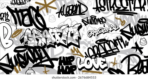 Patrón inconsútil de la ilustración del arte del graffiti Fondo blanco y negro algunas etiquetas 