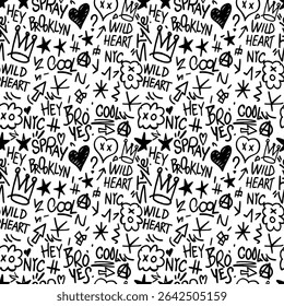 Seamless graffiti doodle pattern. Black and white vector with tags, crowns, hearts, stars. Urban style background.