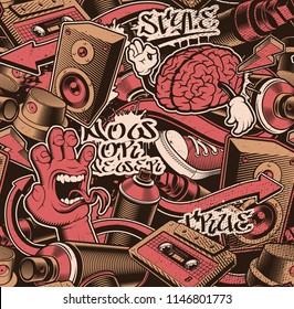 Seamless graffiti pattern. Doodle background with different design elements, characters on dark background. 