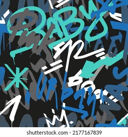 Seamless graffiti pattern on black background. Abstract graffiti labels and aerosol aerosol spray. Used for poster, t-shirt, textile, wrapping paper.