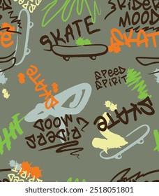 Padrão de grafite perfeito com skate e texto skate e humor dos pilotos. Ilustração vetorial.