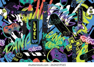 Padrão de grafite perfeito com fundo estilo de arte de rua, letras, elementos de almofadas de jogo. Vetor de design de padrão manuscrito de grafite. Impressão de jogos.