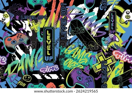Seamless graffiti pattern with street art style background, lettering, game pads elements. Graffiti handwritten pattern design vector. Gaming print.