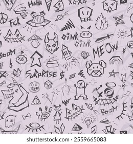 Seamless graffiti style pattern with marker creepy elements of evil beasts and faces, futuristic and cyberpunk vibe on concrete background.Industrial elements, dynamic and aggressive aesthetics 