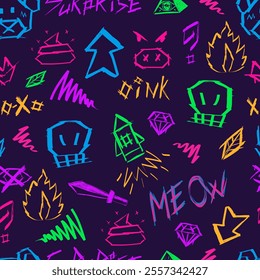 Seamless graffiti style pattern with neon colors creepy elements of evil beasts and faces, futuristic and cyberpunk vibes on a dark background.Industrial elements, dynamic and aggressive aesthetics