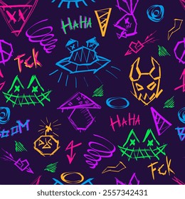 Seamless graffiti style pattern with neon colors creepy elements of evil beasts and faces, futuristic and cyberpunk vibes.Industrial elements, dynamic and aggressive aesthetics