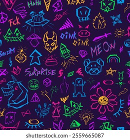 Seamless graffiti style pattern with neon colors creepy elements of evil beasts and faces, futuristic and cyberpunk vibe on  navy blue background.Industrial elements, dynamic and aggressive  