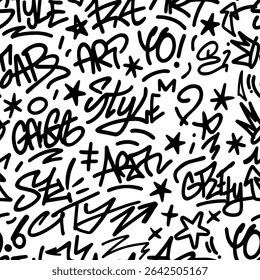 Seamless graffiti tag pattern. Black and white vector with hand-drawn tags and stars. Perfect for streetwear and urban designs.