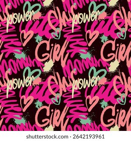 Seamless graffiti-style pattern with empowering phrases like “Girl Power,” “Chic,” and “Woman.” Handwritten text in bold colors with heart and paint splatter elements on a dark background.