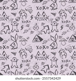 Seamless graffiti-style pattern with inky creepy elements of evil beasts and faces, futuristic and cyberpunk vibes on a gray background.Industrial elements, dynamic and aggressive aesthetics