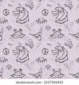 Seamless graffiti-style pattern with inky creepy elements of evil beasts and faces, futuristic and cyberpunk vibe on concrete background.Industrial elements, dynamic and aggressive aesthetics