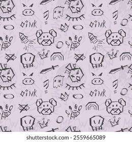 Seamless graffiti-style pattern with marker creepy elements of evil beasts and faces, futuristic and cyberpunk vibes on a gray background.Industrial elements, dynamic and aggressive aesthetics 