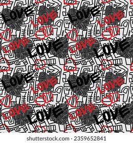 Seamless graffiti-style pattern with the word "Love". Gray, white, red colours. For textile and paper design