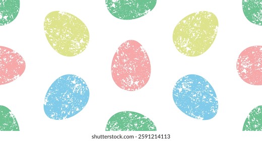 Seamless grainy Easter pattern with eggs. Grunge noise effect. Old worn pastel retro banner. Vintage colored eggs on white background. Holiday vector illustration.