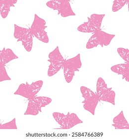 Seamless grainy pattern with butterflies. Pink insects with noise on white background. Simple drawing silhouette flying moth. Repeating vector with distressed grange texture. Retro illustration.