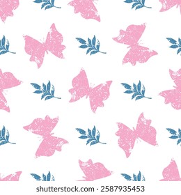 Seamless grainy pattern with butterflies. Pink insects with noise on white background. Simple drawing branch silhouette and flying moth. Repeating vector with distressed grange texture.