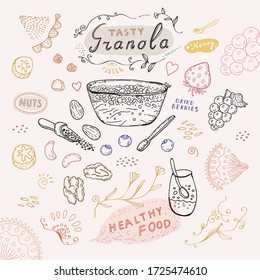 Seamless granola pattern, vintage style with objects, berries and handwriting. Line art. Vector illustration.