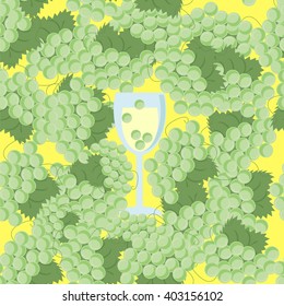 Seamless grape pattern. A glass of wine among the grapes. Wine card design. Vector illustration.