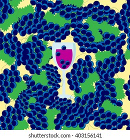 Seamless grape pattern. A glass of wine among the grapes. Wine card design. Vector illustration.