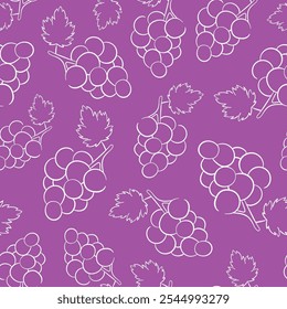 Seamless grape pattern with minimalist line art on a purple background. Perfect for food themed design, textile, wallpaper, and wine related branding or illustration.