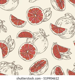 Seamless with grapefruit and grapefruit slice. hand drawn