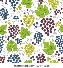 Seamless grapes pattern. Fruit vector background. Colorful background with juicy fruit. Natural and healthy grape food. Fresh juice