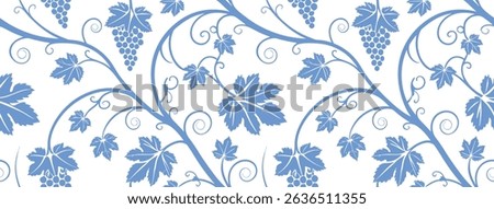 Seamless grapevine pattern with curling vines, grape clusters, and stylized leaves in blue on white background ideal for wine-themed  fabric prints, or rustic packaging designs.