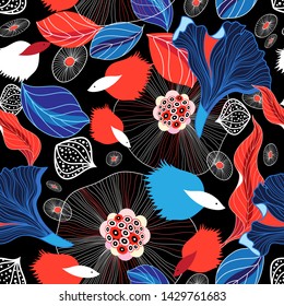 Seamless graphic abstract pattern with fishes against dark background. Sample for poster design, postcard or web page.