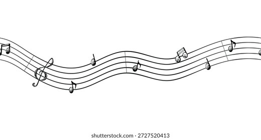Un borde gráfico sin fisuras con notas musicales. La ilustración está dibujada a mano en tinta. La Imagen tiene un estilo simple e infantil y es perfecta para las tarjetas del Día Mundial de la Música y los cuadernos de música.