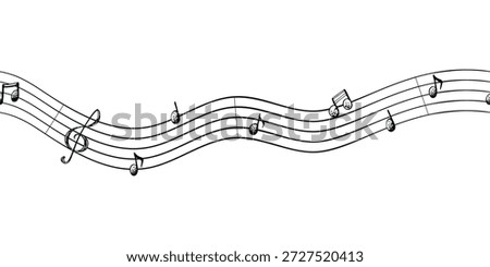 A seamless graphic border with musical notes. The illustration is hand-drawn in ink. The image has a simple, childish style and is perfect for World Music Day cards and music notebooks.