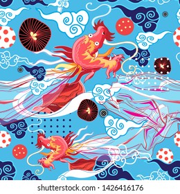 Seamless graphic bright chinese pattern with red dragon and clouds on blue background