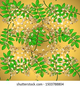 Seamless graphic design with amazing. Green leaves on the golden background. Vector illustration. Beautiful leaves on brown, yellow and green colors. Of bright leaves.