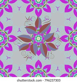 Seamless graphic design with amazing palms. Vector. Fashion, interior, wrapping, packaging suitable. Turquoise tropical leaves. Varied leaves on gray, magenta and blue colors.