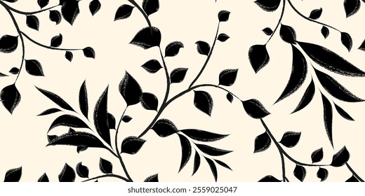 Seamless graphic design with elegant black leaf pattern. The velvety texture of the leaves gives a luxurious and classic impression. Black leaf on white background pattern timeless