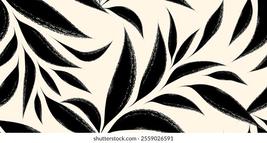 Seamless graphic design with elegant black leaf pattern. The velvety texture of the leaves gives a luxurious and classic impression. Black leaf on white background pattern timeless