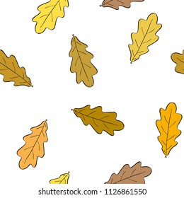 Seamless graphic design with hand drawn leaves. Fashion, interior, wrapping, packaging suitable. Repeat pattern of colorful oak leaf isolated on white