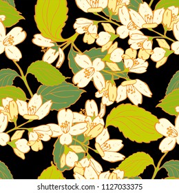 Seamless graphic design with hand drawn leaves. Fashion, interior, wrapping, packaging suitable. Repeat pattern of colorful jasmine branch isolated on black