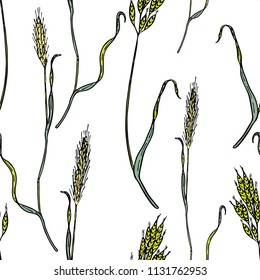Seamless graphic design with hand drawn leaves. Fashion, interior, wrapping, packaging suitable. Repeat pattern of green spikes isolated on white