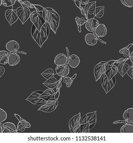 Seamless graphic design with hand drawn leaves. Fashion, interior, wrapping, packaging suitable. Repeat pattern of black and white apricot branch isolated on black