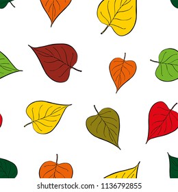 Seamless graphic design with hand drawn leaves. Fashion, interior, wrapping, packaging suitable. Repeat pattern of colorful lilac leaf isolated on white