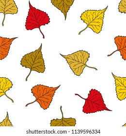 Seamless graphic design with hand drawn leaves. Fashion, interior, wrapping, packaging suitable. Repeat pattern of colorful poplar leaf isolated on white