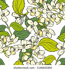 Seamless graphic design with hand drawn leaves. Fashion, interior, wrapping, packaging suitable. Repeat pattern of colorful jasmine branch isolated on white