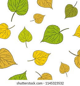 Seamless graphic design with hand drawn leaves. Fashion, interior, wrapping, packaging suitable. Repeat pattern of colorful linden leaf isolated on white