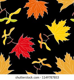 Seamless graphic design with hand drawn leaves. Fashion, interior, wrapping, packaging suitable. Repeat pattern of colorful maple leaf isolated on black